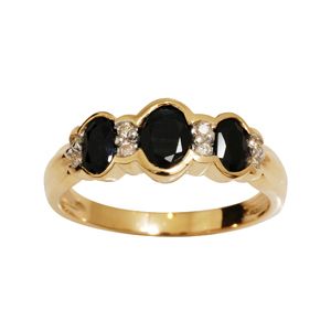 Black Sapphire and Diamond Gold Ring - Three Stone