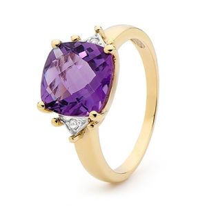 Amethyst and Diamond Gold Ring - Cocktail Cushion Cut