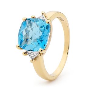 Blue Topaz and Diamond Gold Ring - Checkerboard