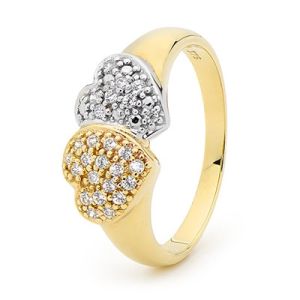 Cubic Zirconia CZ 2 Tone Gold Ring - Heart Double