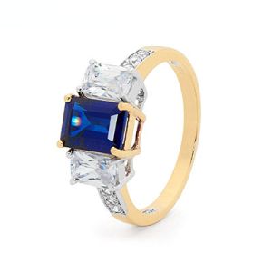 Sapphire and Cubic Zirconia CZ Gold Ring - Engagement Trilogy