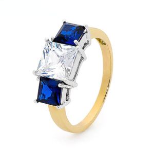 Sapphire and Cubic Zirconia CZ Gold Ring - Trilogy