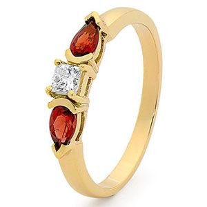 Garnet and Diamond Gold Ring - Three Stone