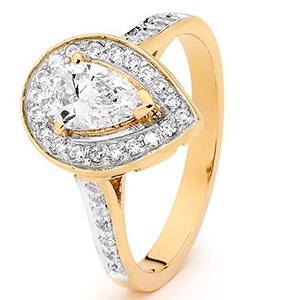 Cubic Zirconia CZ Gold Ring - Pear Halo