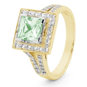 Aqua Green Cubic Zirconia CZ Gold Ring - Square Halo