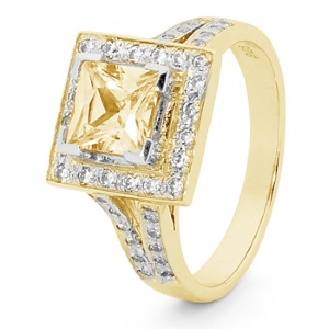 Yellow Cubic Zirconia CZ Gold Ring - Halo