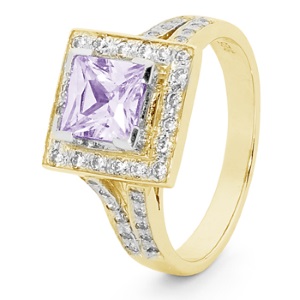 Lavender Cubic Zirconia CZ Gold Ring - Halo