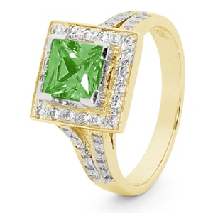 Green Cubic Zirconia CZ Gold Ring - Halo