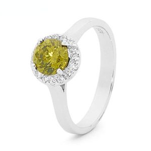 Olive Cubic Zirconia CZ Silver Ring - Halo