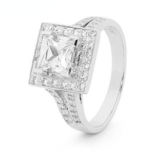 Cubic Zirconia CZ Silver Ring - Square Halo