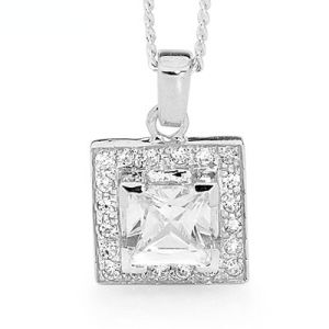 Cubic Zirconia CZ Silver Pendant - Square Halo