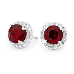 Garnet and Cubic Zirconia CZ Silver Earrings - Cluster