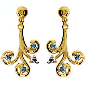 Blue Topaz and Diamond Gold Earrings - Swirl