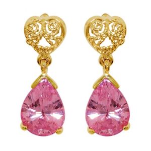 Pink Cubic Zirconia CZ Gold Earrings - Filigree Drops