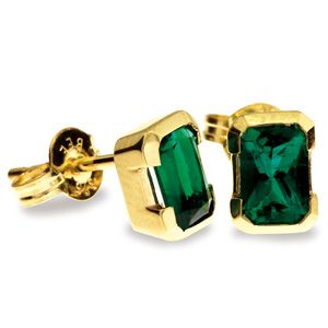 Emerald Gold Earrings - 6x4mm Studs