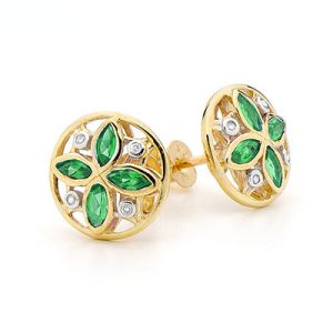 Emerald and Diamond Gold Earrings - Art Deco Circle