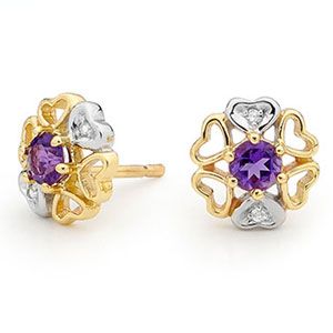 Amethyst and Diamond Gold Earrings - Heart Flower