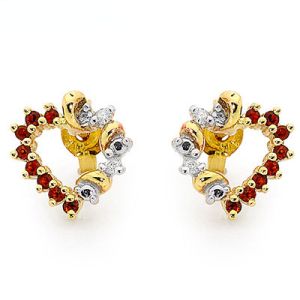 Garnet and Diamond Gold Earrings - Heart Stud