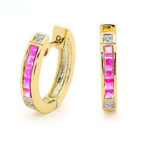Pink Sapphire and Diamond Gold Earrings - Huggie