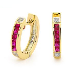 Ruby and Diamond Gold Earrings - Huggie