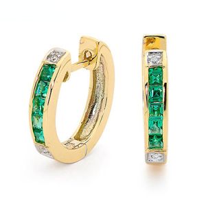 Emerald and Diamond Gold Earrings - Huggie