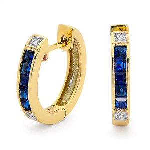 Sapphire and Diamond Gold Earrings - Huggie
