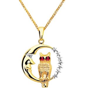 Ruby and Diamond Gold Pendant - Owl Moon Stars