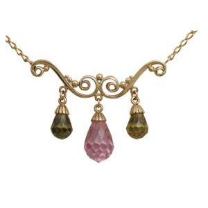 Multicolour Olive Cubic Zirconia CZ and Pink CZ Gold Necklace
