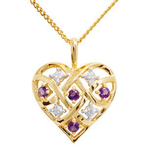 Amethyst and Diamond Gold Pendant - Heart Braid