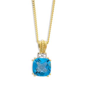 Blue Topaz and Diamond Gold Pendant - Checkerboard