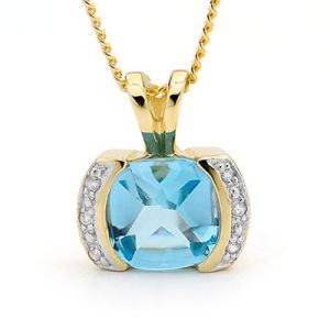 Blue Topaz and Diamond Gold Pendant - Half Bezel