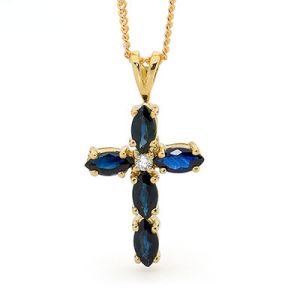 Sapphire and Diamond Gold Pendant - Cross Blue