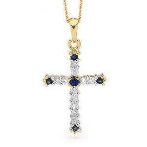 Sapphire and Diamond Gold Pendant - Cross