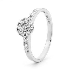 Diamond White Gold Ring - Engagement Cluster Shoulder