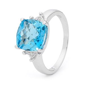 Blue Topaz and Diamond White Gold Ring - Checkerboard