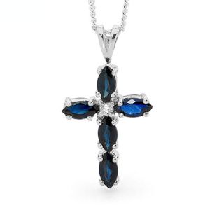 Sapphire and Diamond White Gold Pendant - Cross