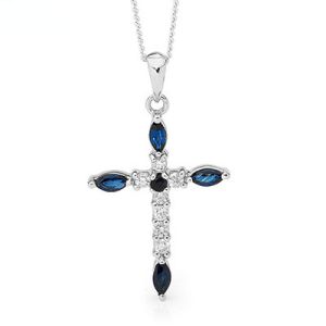Sapphire and Diamond White Gold Pendant - Cross with chain